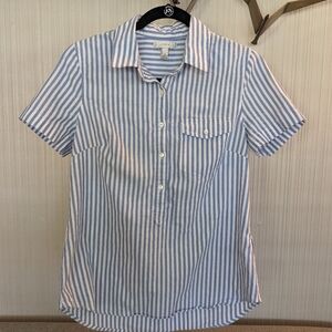 J. Crew Blue Striped Women's en's Shirt Buttons Beach Short Sleeve